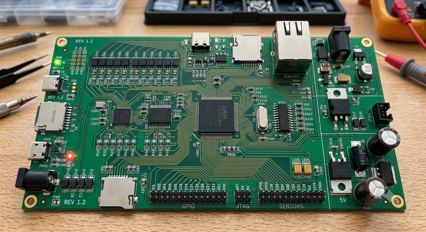 Advanced ARM-based electronic development board with GPIO ports, USB, Ethernet, and sensor connectivity"
